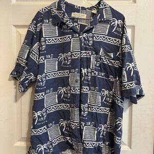 Vintage Island Republic Hawaiian Shirt Blue Palm Print